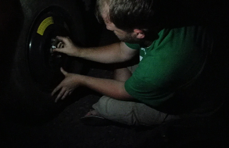 Changing a Tire in Panama on the side of the road 